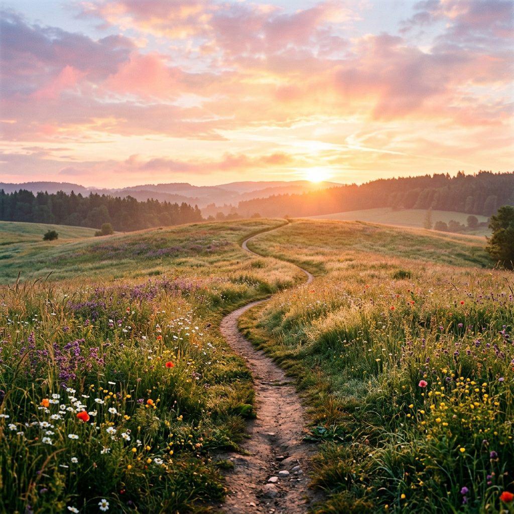 Winding dirt path through wildflower meadow with sun setting behind distant hills
